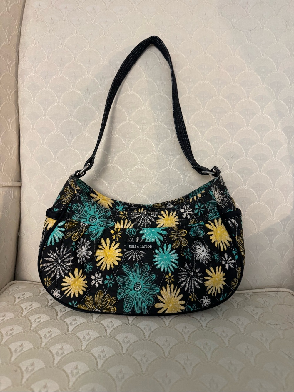Bella Taylor Black Floral quilted Shoulder Bag in Teal & Yellow India made